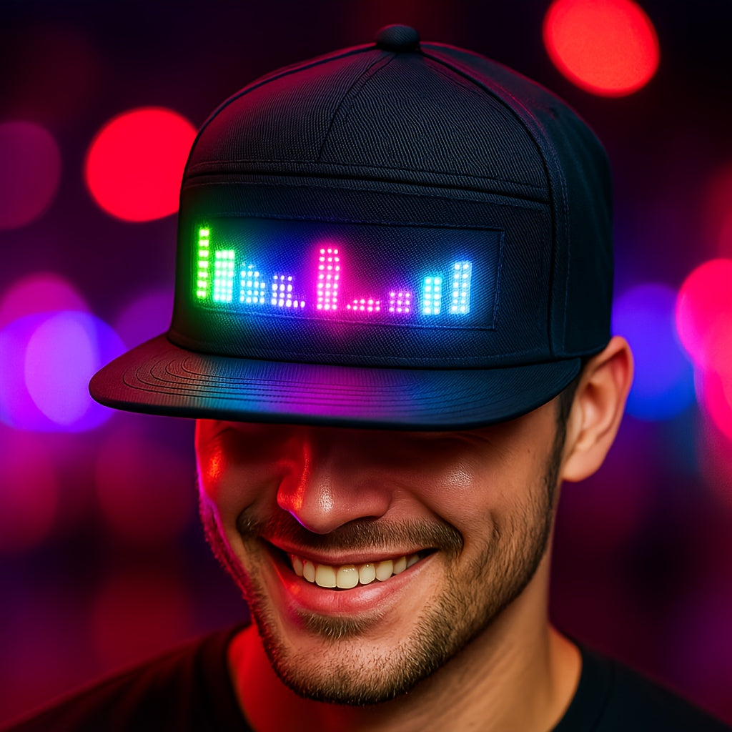 [For Parties] Programmable LED Hat for Men | Black, Scrollable Text & Animated Patterns, APP-Controlled, Adjustable, Woven Fabric, Ideal for Parties & Holidays