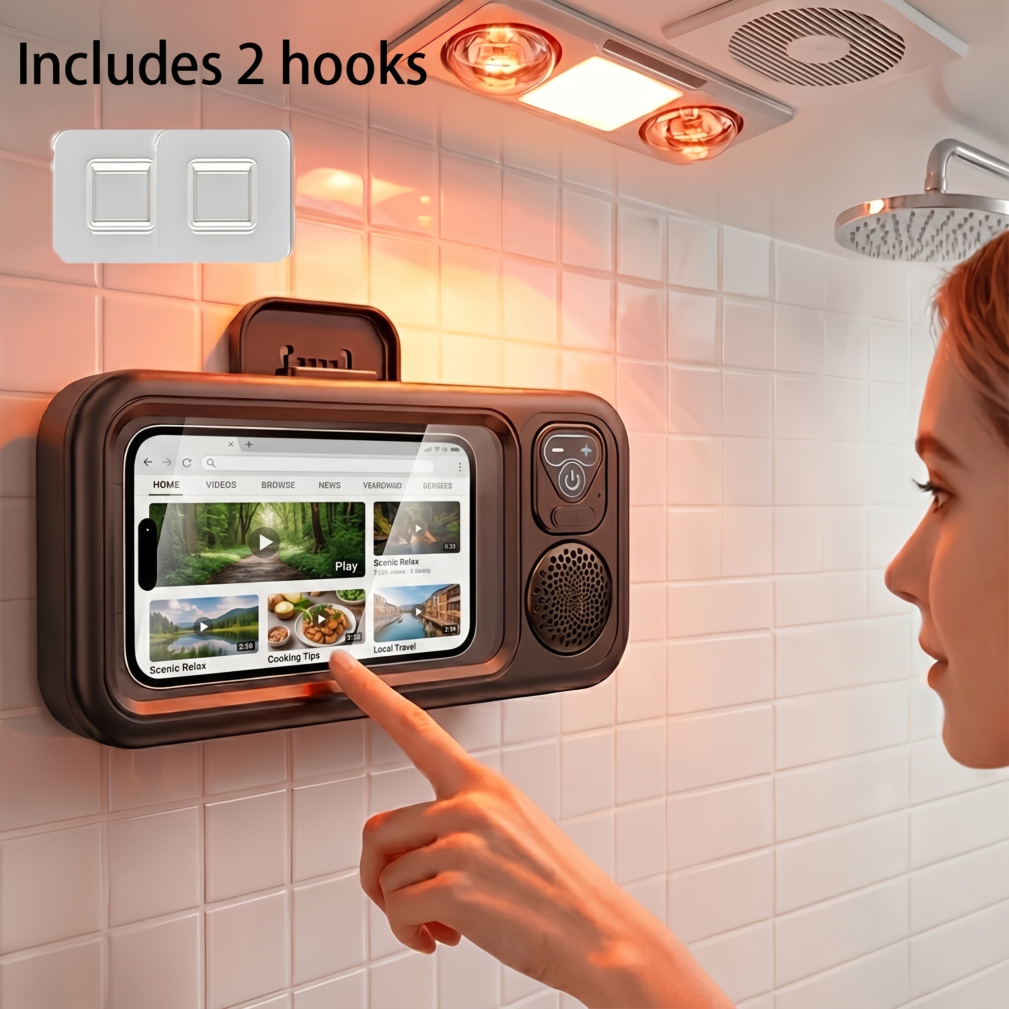 Wireless Shower Phone Holder, Wall Mount Phone Case with Audio Function, Touch Screen Support, 360° Adjustable Viewing Stand, Universal for Bathroom, Mirror, Bathtub