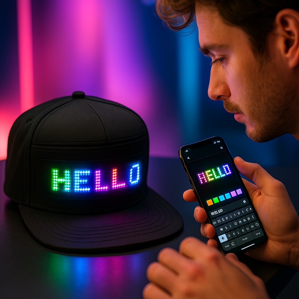 [For Parties] Programmable LED Hat for Men | Black, Scrollable Text & Animated Patterns, APP-Controlled, Adjustable, Woven Fabric, Ideal for Parties & Holidays