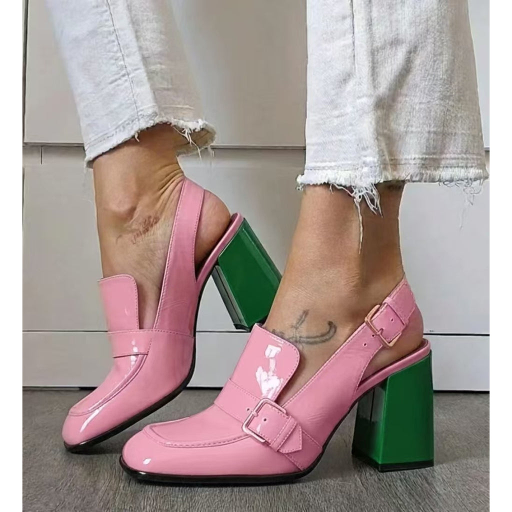 Women's Pink-green Multicolor Shiny Chunky Heel Backless High-heeled Sandals European and American Sweet and Cool Fashion Style Women Shoes